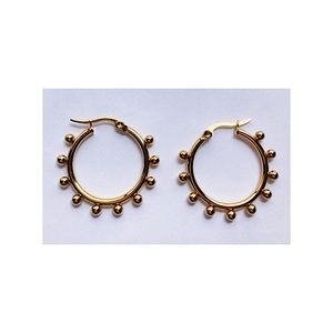 Women Pierced Round Shape Hoop Earring 30mm Small Stainless Steel Gold Tone NWOT